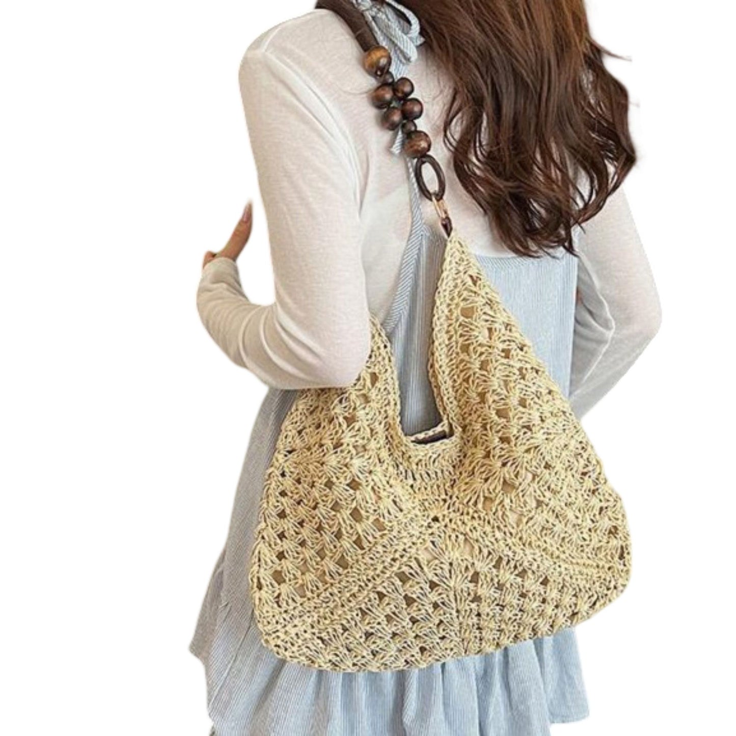 Woven Straw Hobo Bag with Wooden Handle Bead Accents and Spacious Interior