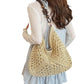 Woven Straw Hobo Bag with Wooden Handle Bead Accents and Spacious Interior