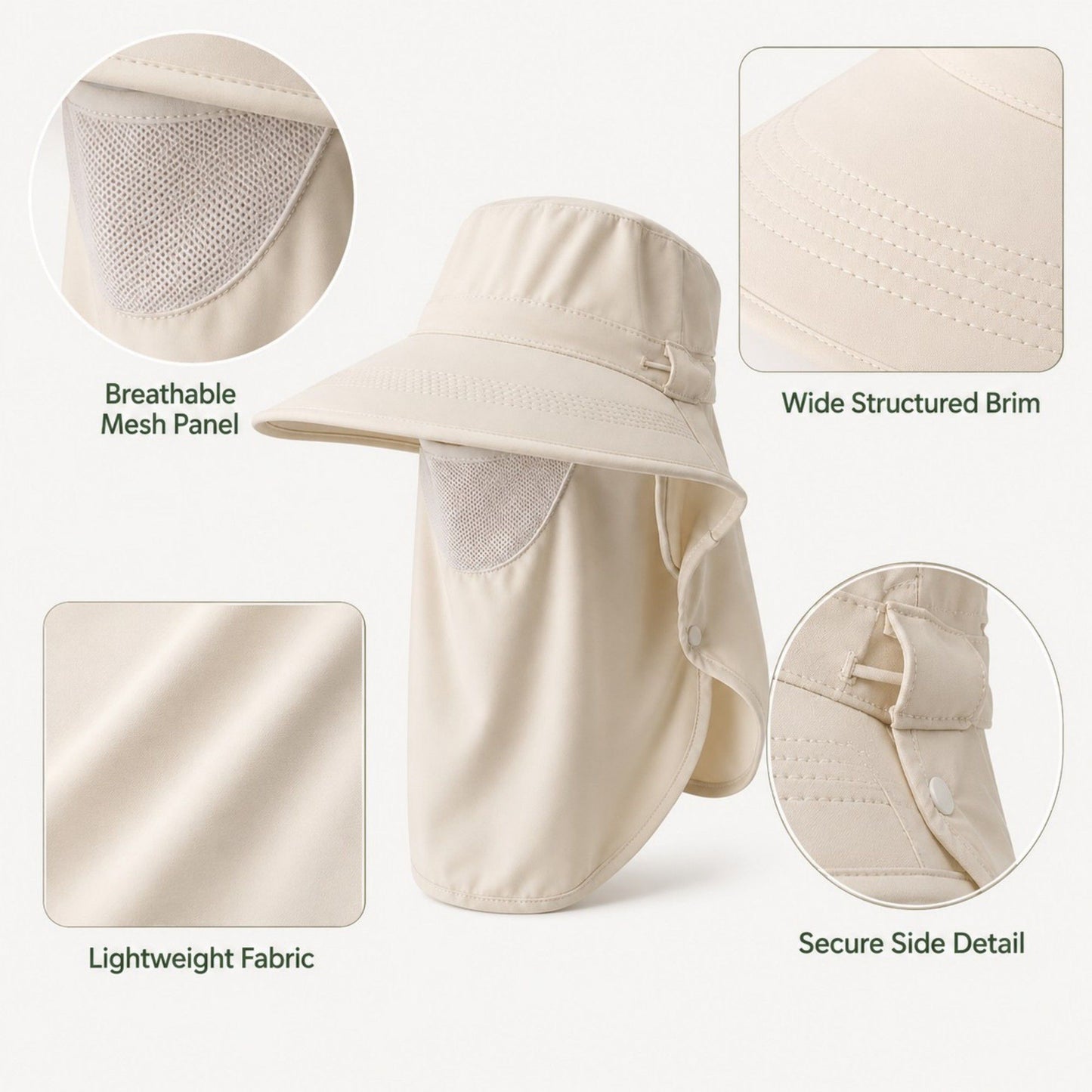 Wide Brim Sun Hat with Neck Flap Breathable Mesh Panel and Lightweight Outdoor Design
