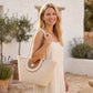 Woven Rope Tote Bag with Flap Cover Pearl Button Large Capacity Shoulder Carryall