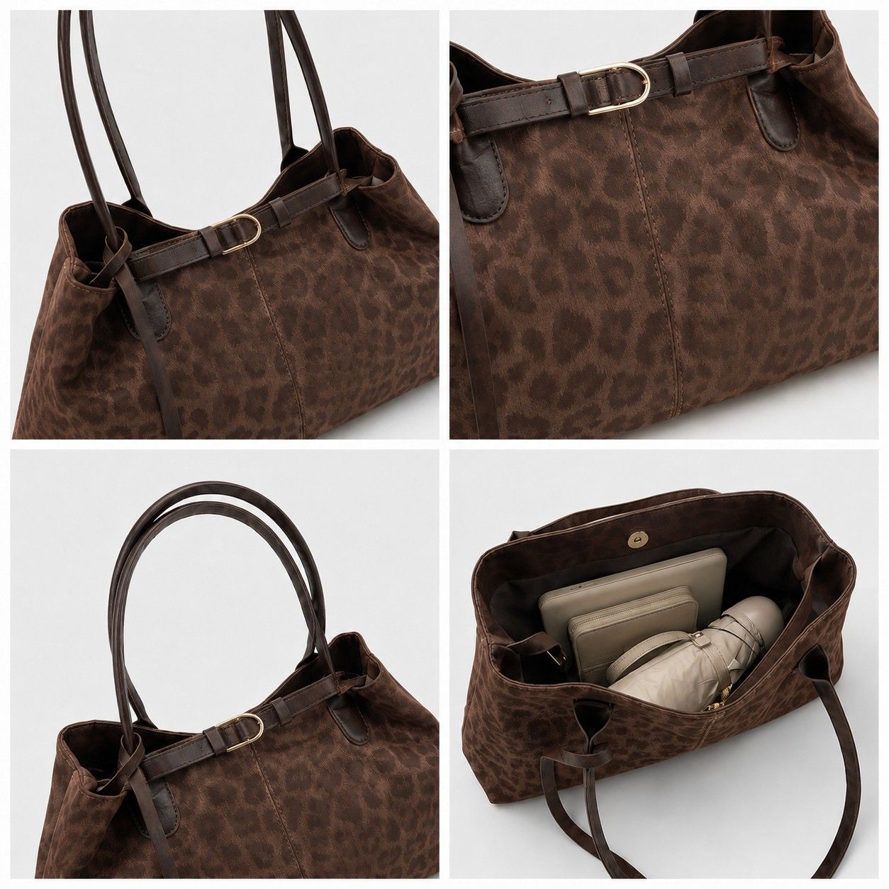 Leopard Print Shoulder Tote Bag with Magnetic Closure Buckle Detail and Tassel