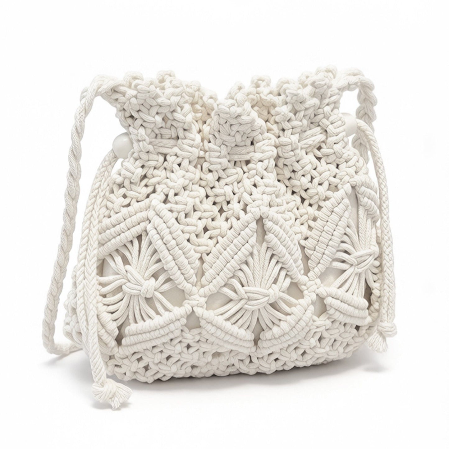 Macrame Bucket Bag Knotted Rope Handbag Drawstring Shoulder Bag Textured Woven Crossbody Style Lightweight Boho Purse