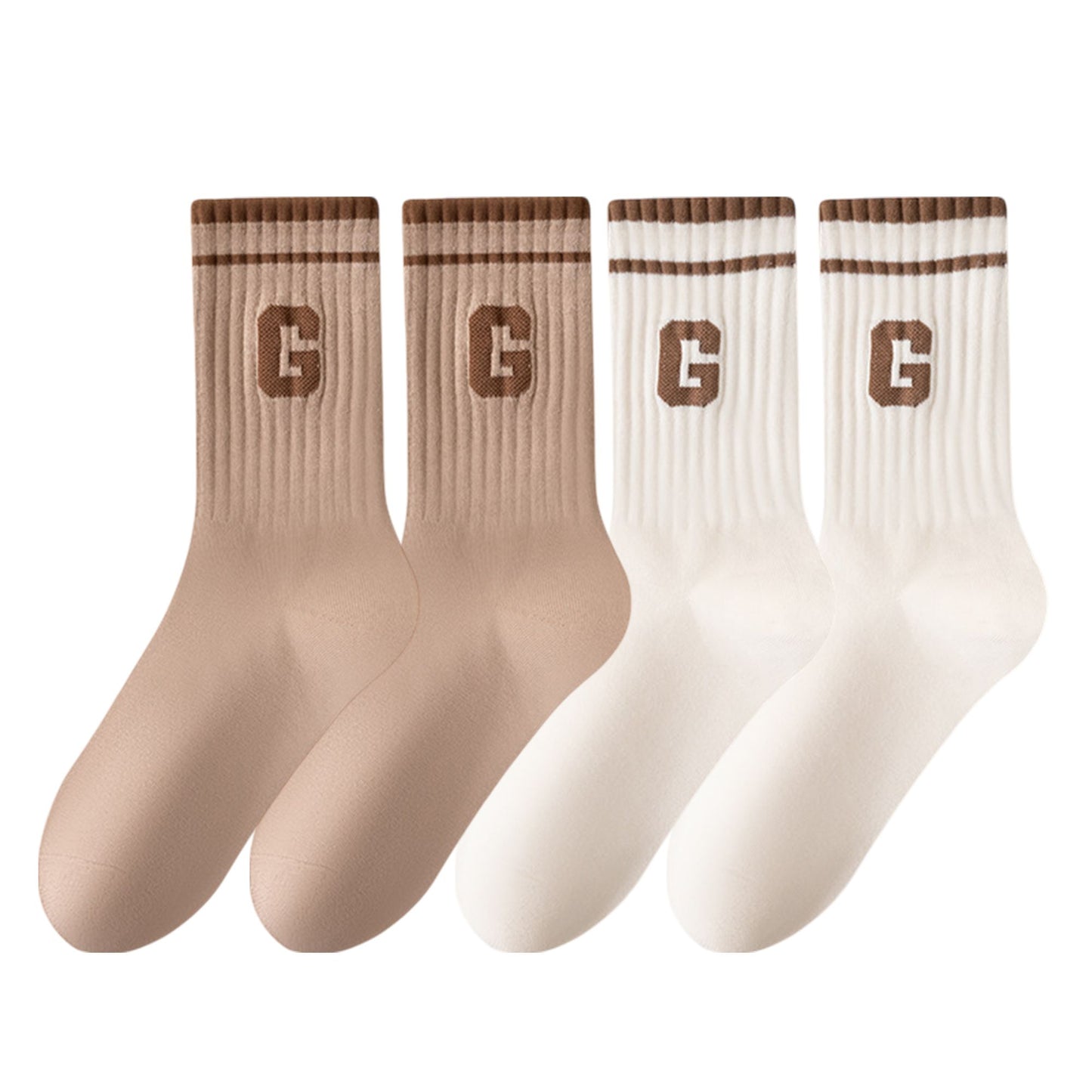 4-Pair Pack Ribbed Cotton Crew Socks with Striped Cuffs and G Letter Detail in Neutral Athletic Color Combinations