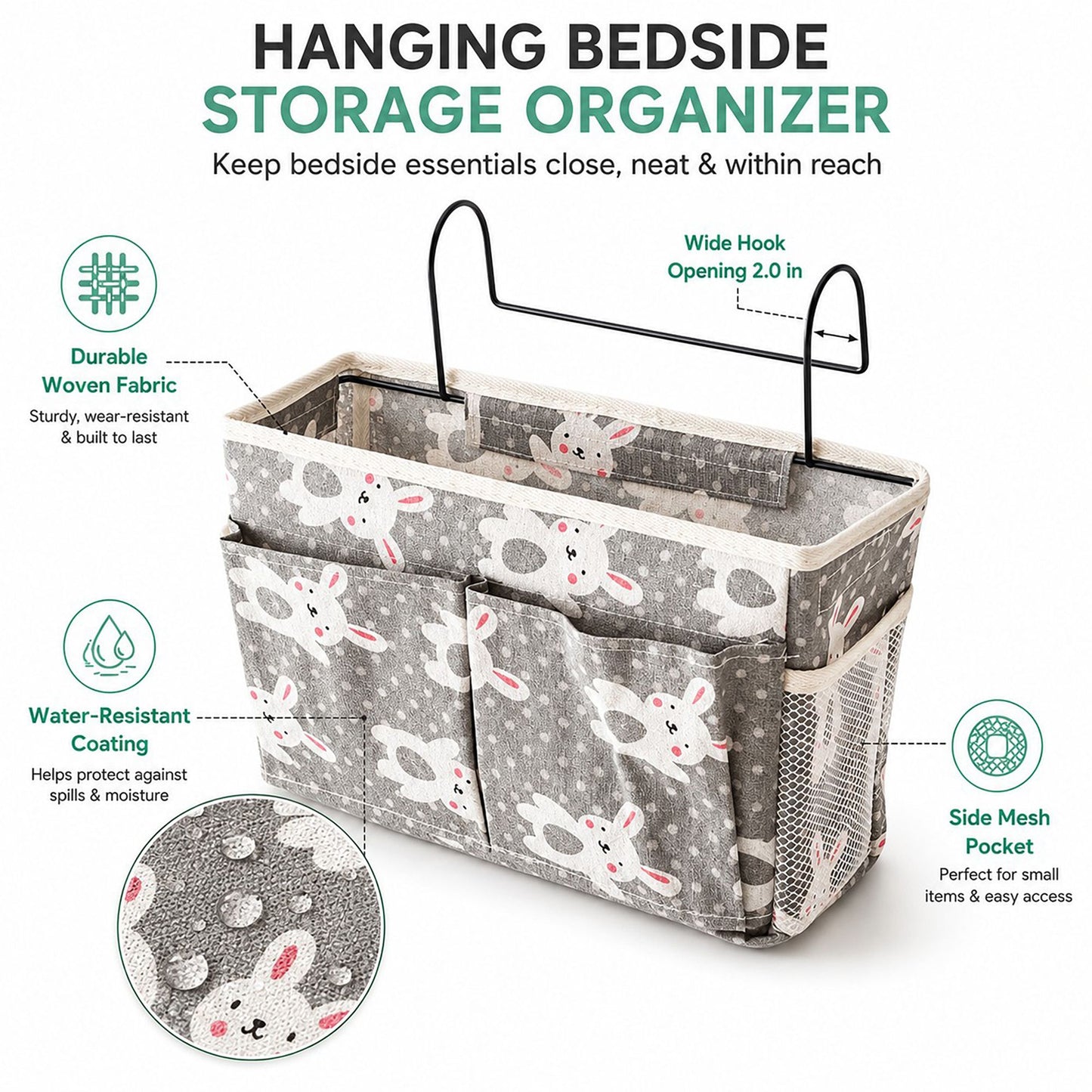 Hanging Bedside Storage Caddy Bunny Print Organizer with Hooks and Multiple Pockets