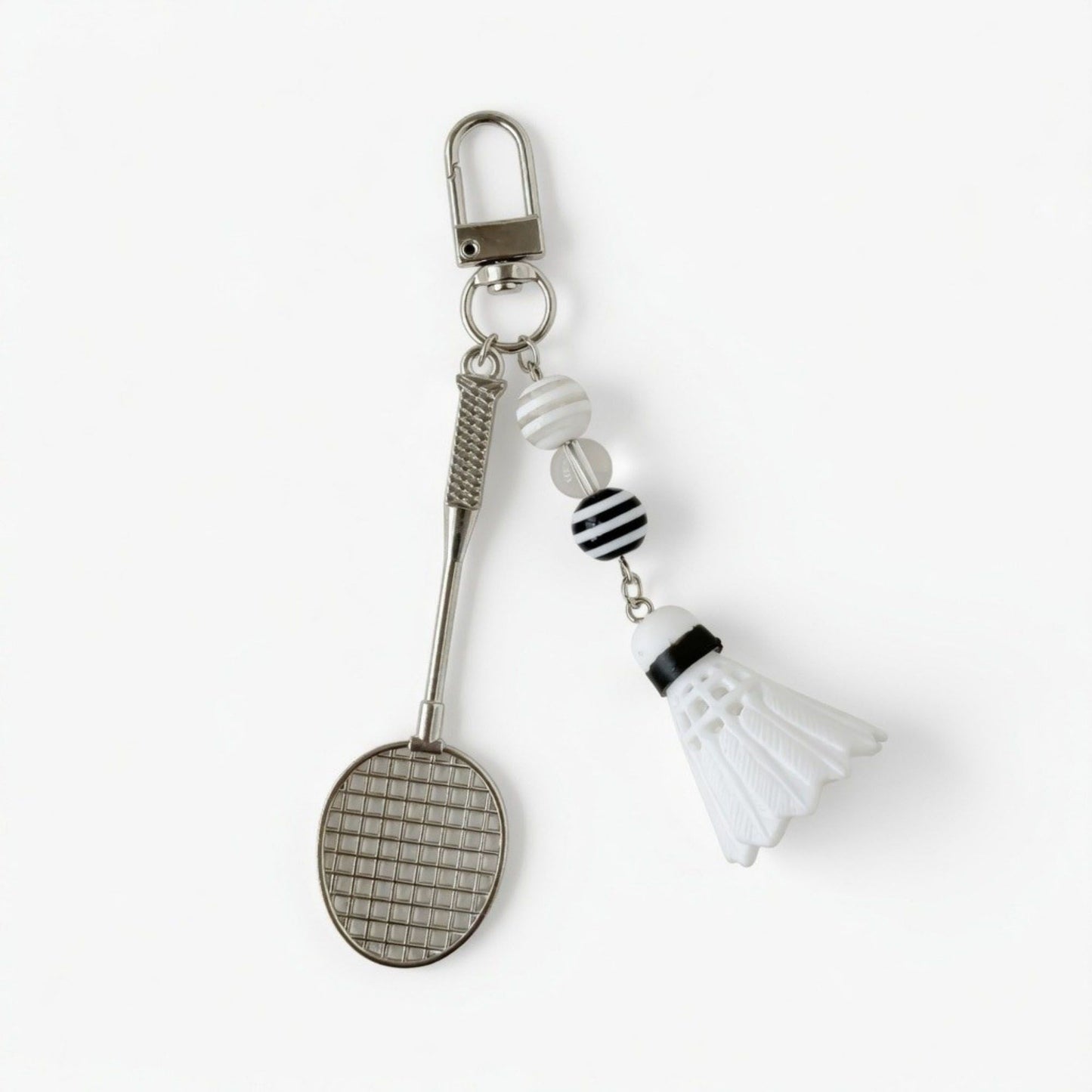 Badminton Racket Keychain with Shuttlecock Charm Beaded Detail Metal Key Ring