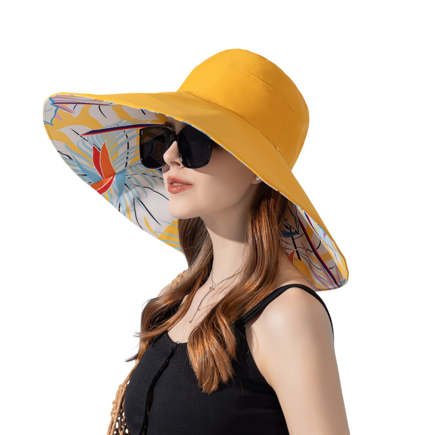 Wide Brim Floppy Sun Hat with Colorful Printed Underside UV Protection Lightweight Foldable Design for Outdoor Use