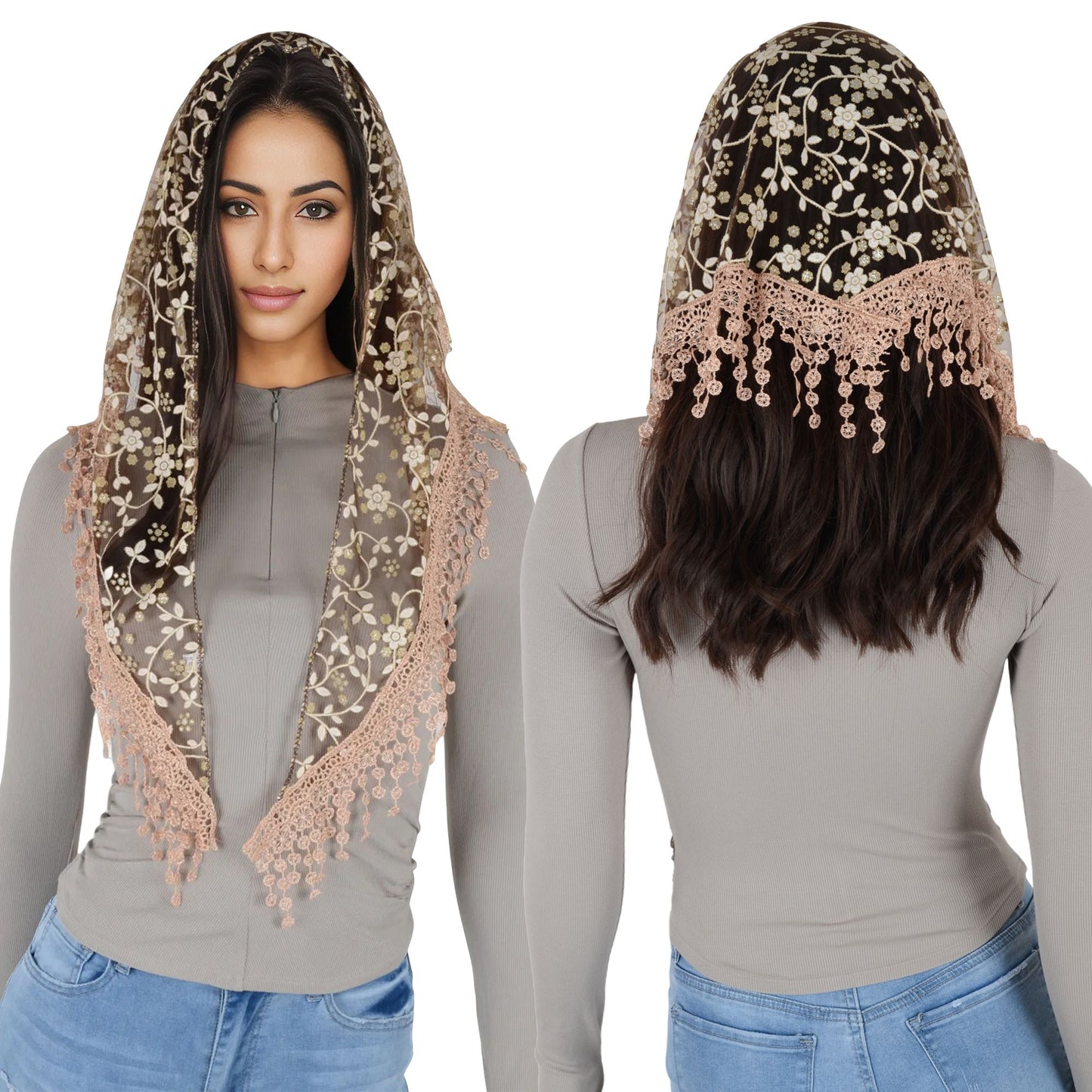 Lightweight Lace Floral Head Scarf Fringe Triangular Shawl