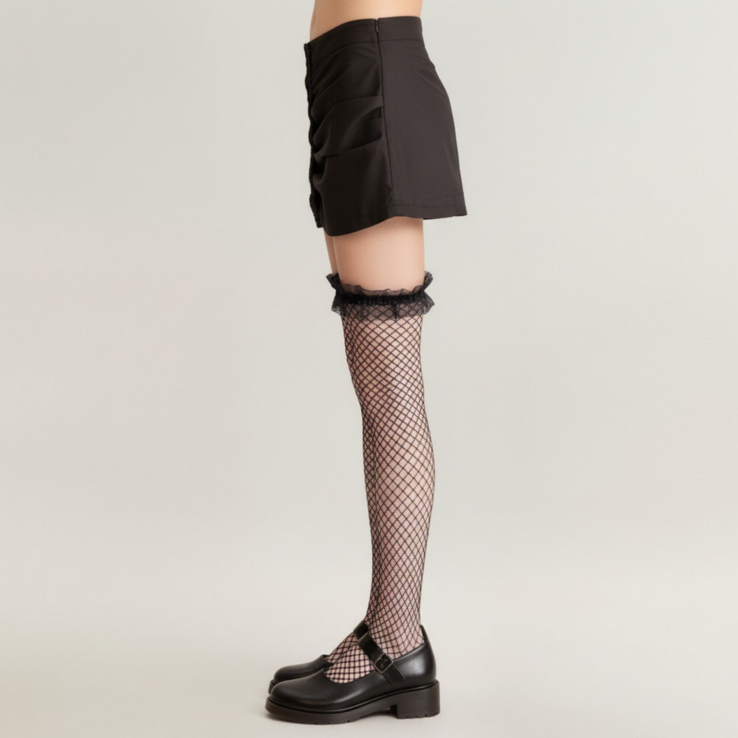2pcs Women's Fishnet Thigh High Stockings with Ruffled Lace Top Detail Soft Stretch Fit for Delicate Feminine Layered Styling