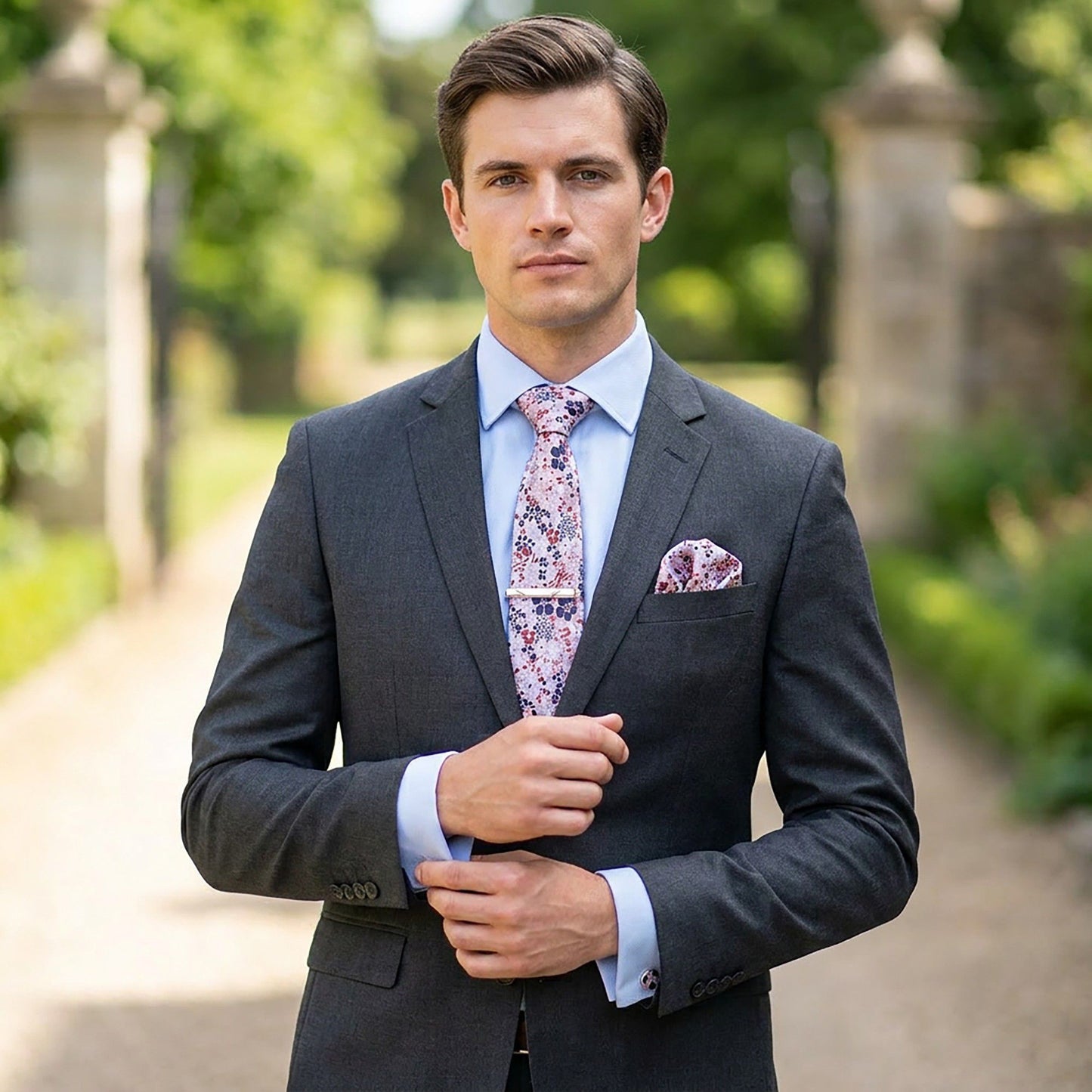 Men's Rose Floral Tie Gift Set with Matching Pocket Square Cufflinks and Silver Tie Clip