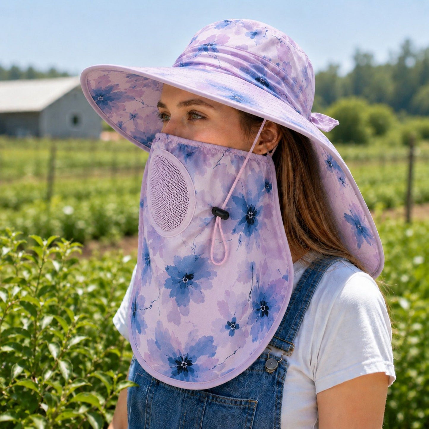Floral Wide Brim Sun Hat with Face Cover Neck Flap and Mesh Breathing Panel