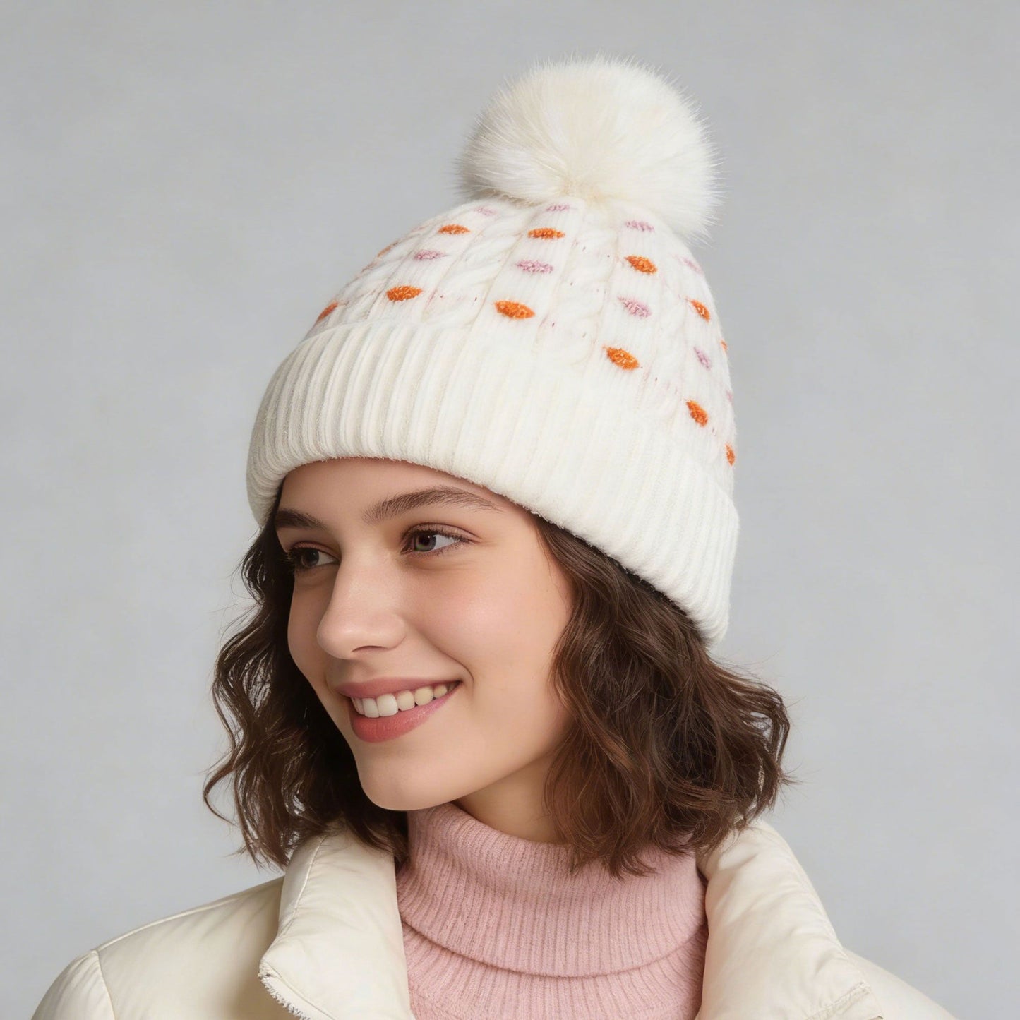 Knit Beanie with Large Faux Fur Pom-Pom - Winter Hat with Embroidered Accents