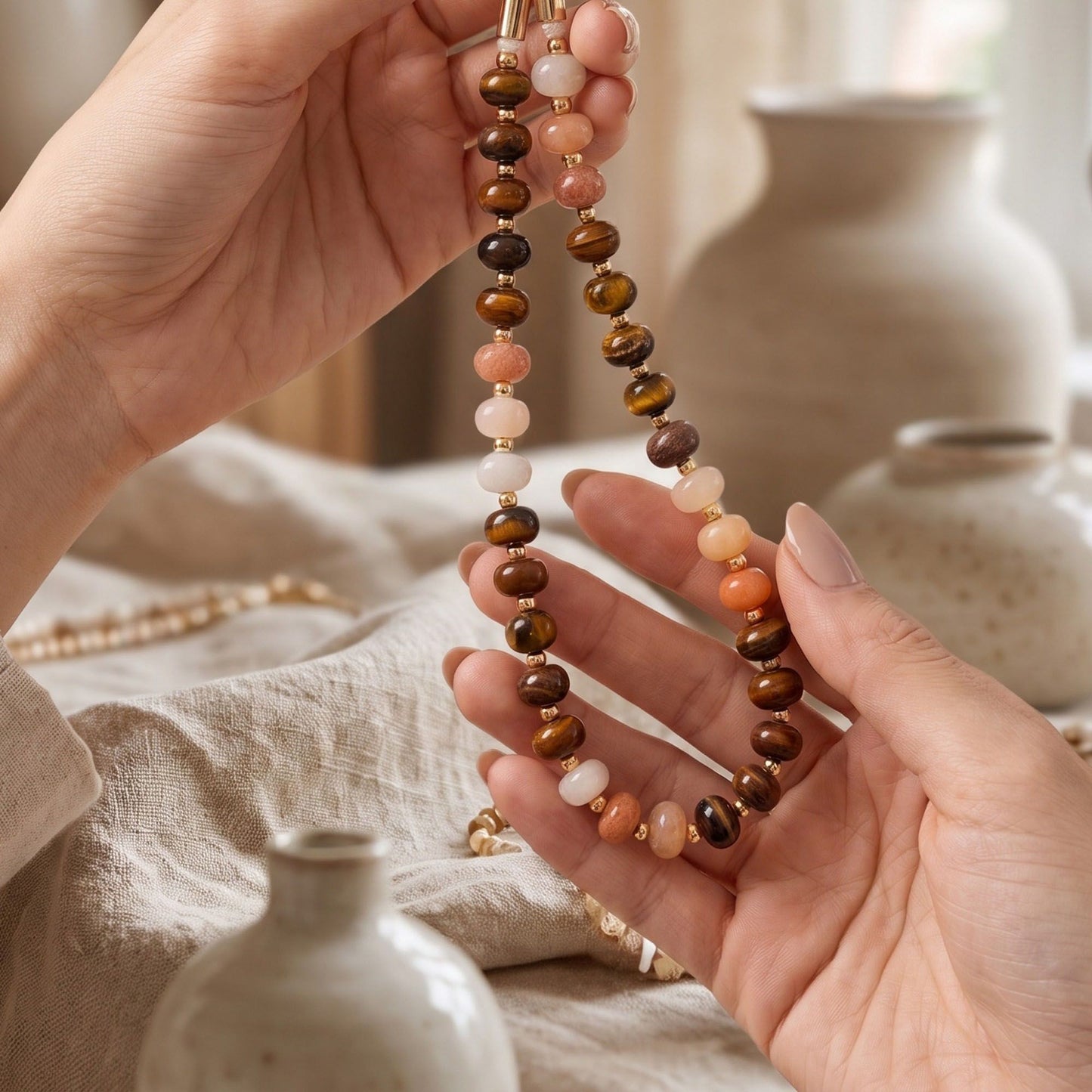 Oval Beaded Phone Wrist Strap with Detachable Clasps