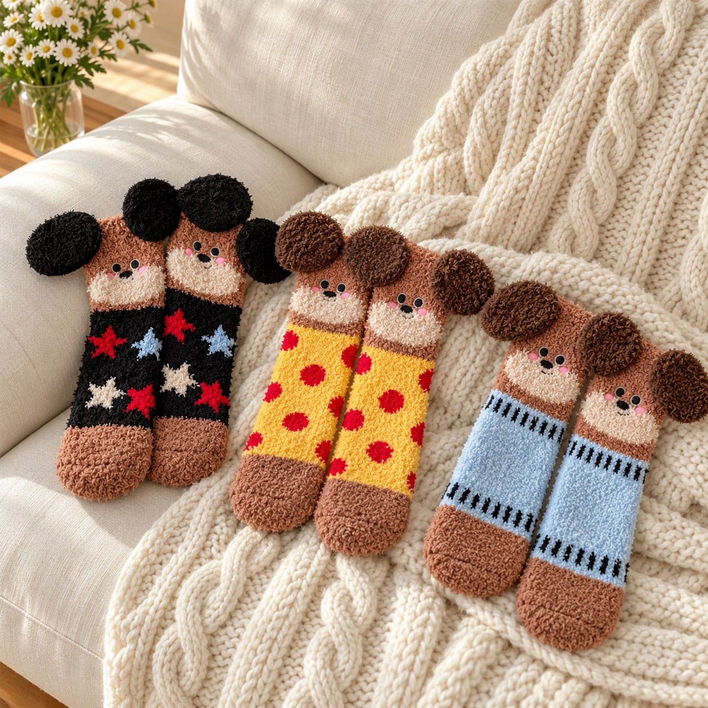 Puppy Fuzzy Crew Socks 3-Pair Set US 5-10.5