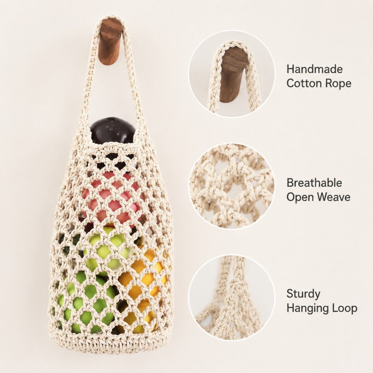 Macrame Hanging Produce Basket Set Woven Cotton Rope Storage Organizer