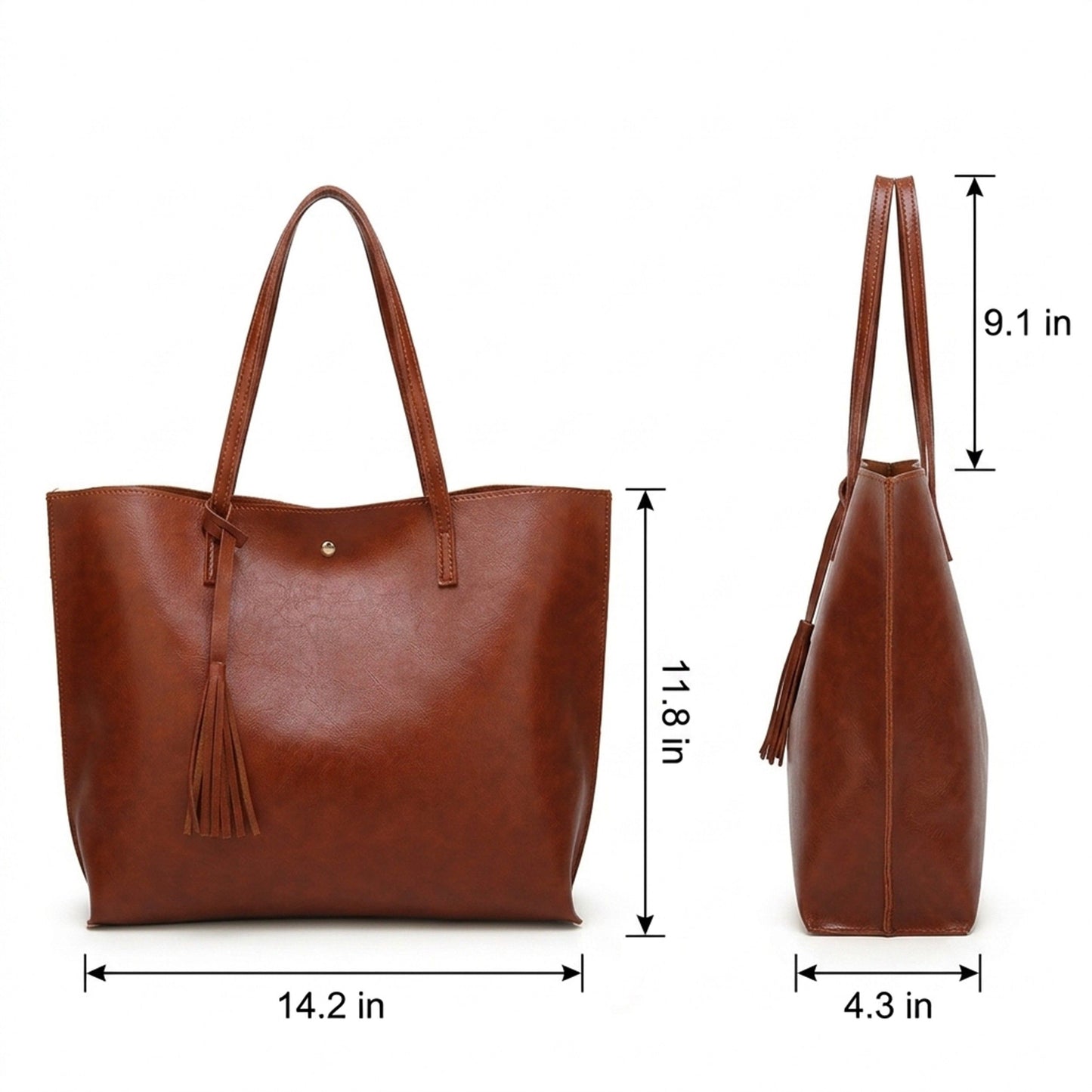Large Faux Leather Shoulder Tote Bag with Tassel and Magnetic Snap Closure