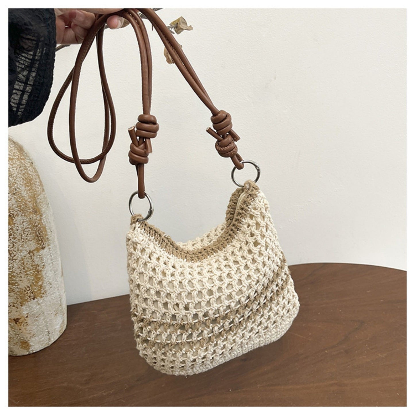 Women's Woven Net Shoulder Bag with Long Strap and Zipper Closure