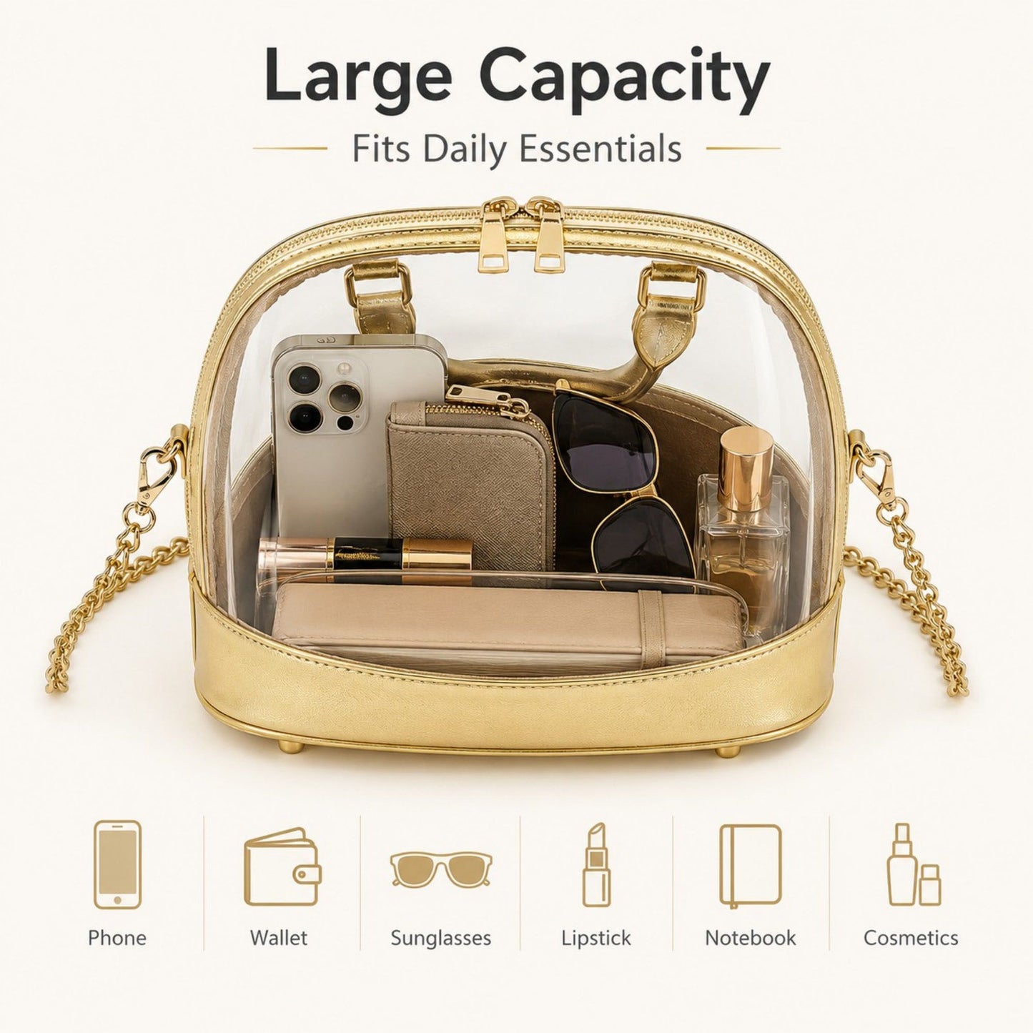 Clear PVC Mini Satchel Bag with Zipper Top and Detachable Chain Strap