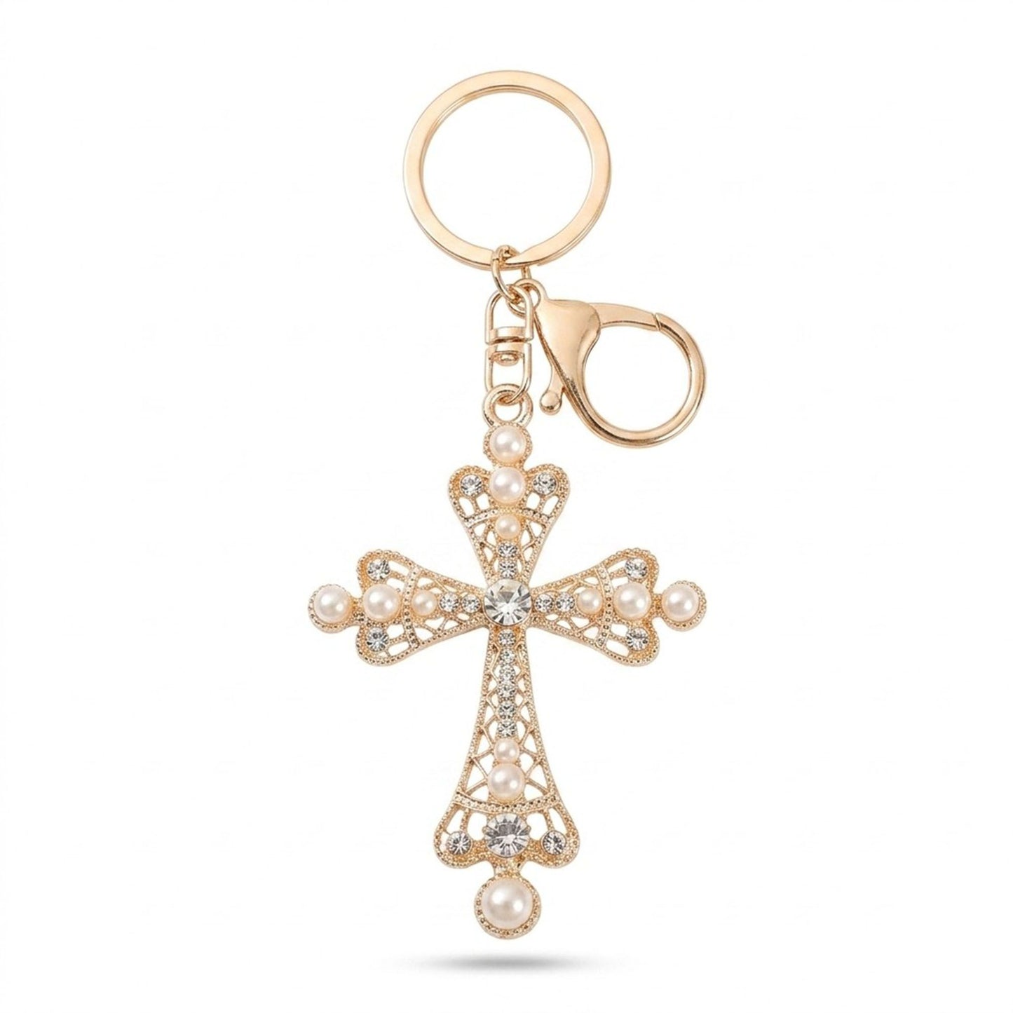 2pc Cross Pearl Rhinestone Keychain Bag Charm with Lobster Clasp and Key Ring