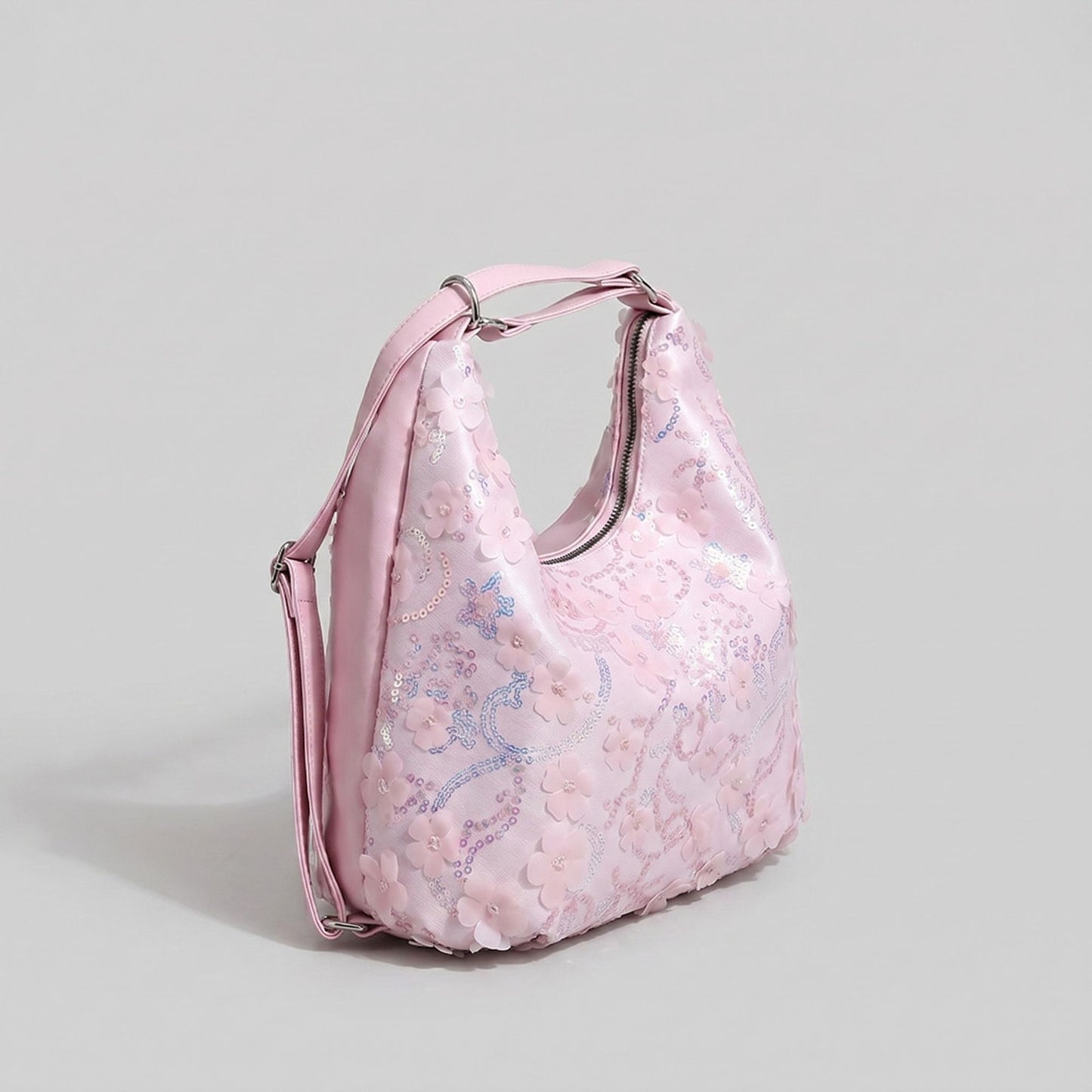 Floral Sequin Hobo Shoulder Bag with 3D Applique Details and Adjustable Strap
