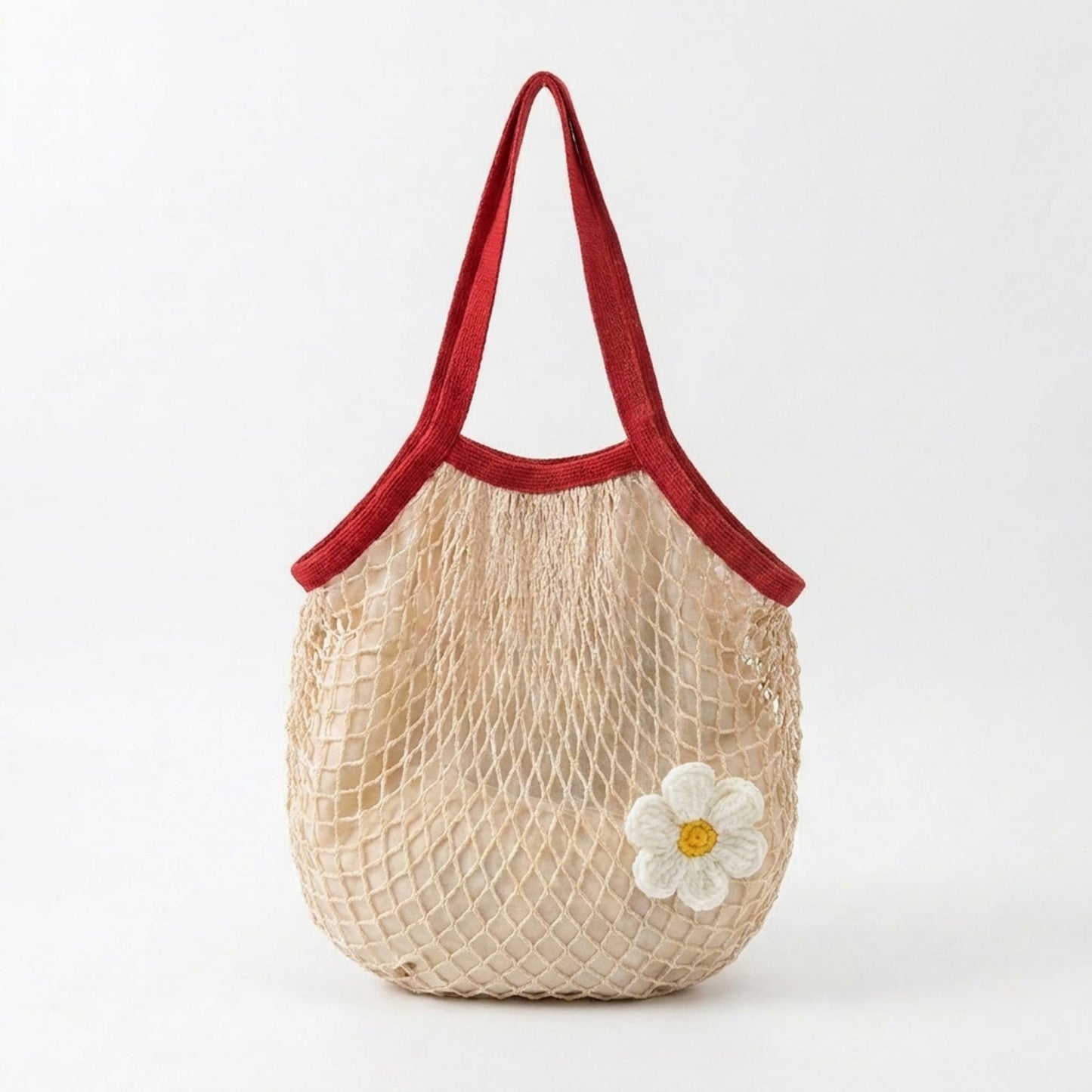 Crochet Style Net Tote Bag with Daisy Accent and Shoulder Straps