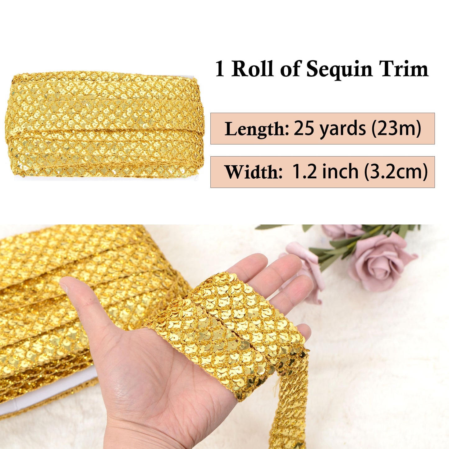 Sewing Sequin Trim 1.2 Inch 6 Row, 25 Yards Glitter Sequin Strip Ribbon Metallic Stretch Bling Fabric DIY Craft Decoration