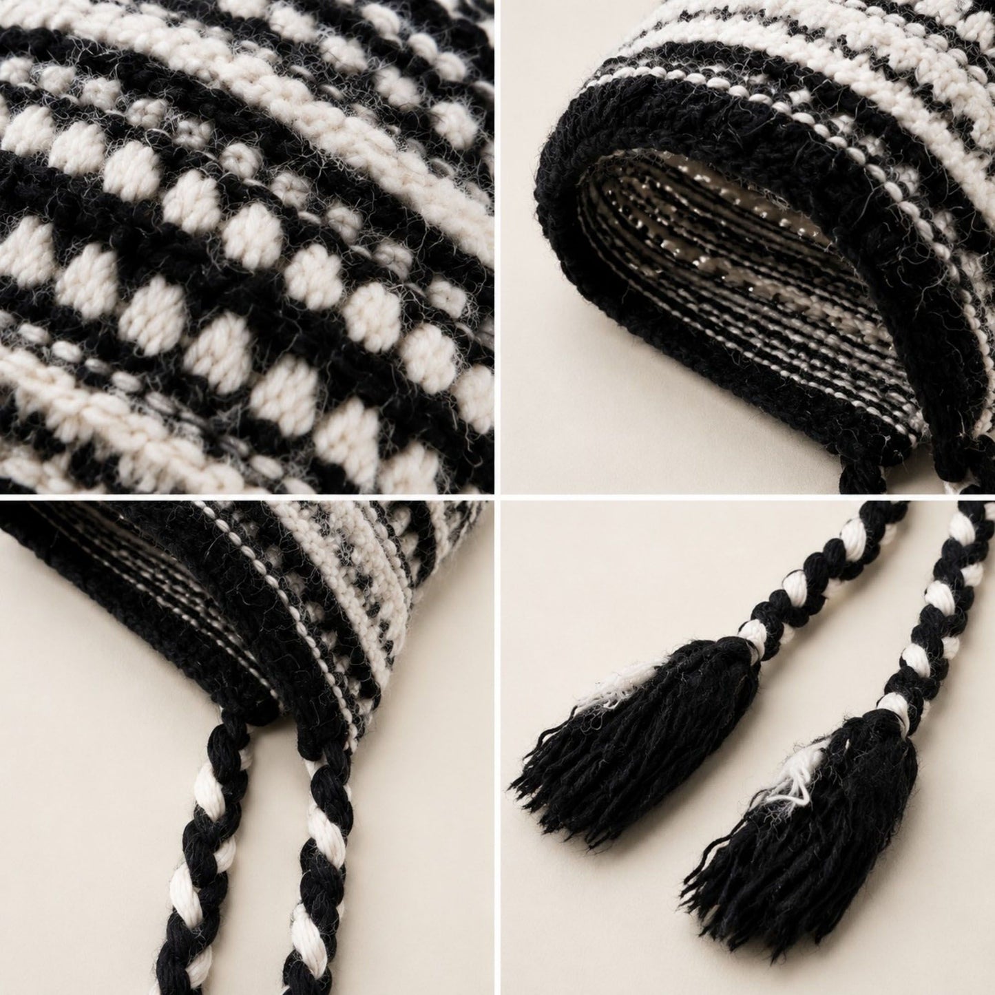 Patterned Knit Beanie with Braided Tassels