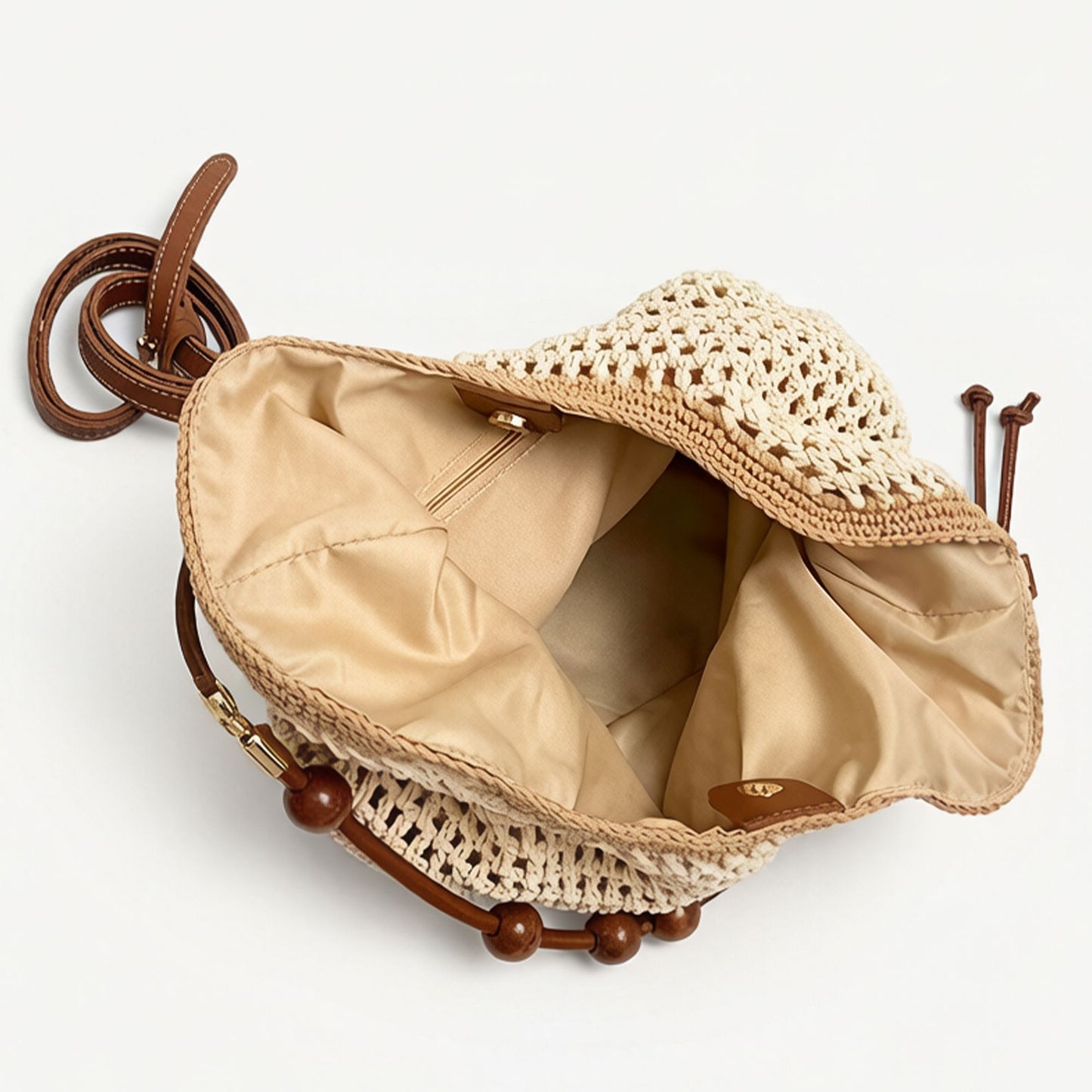 Crochet Shoulder Bag with Wooden Bead Strap Knit Hobo Handbag Lined Casual Everyday Tote