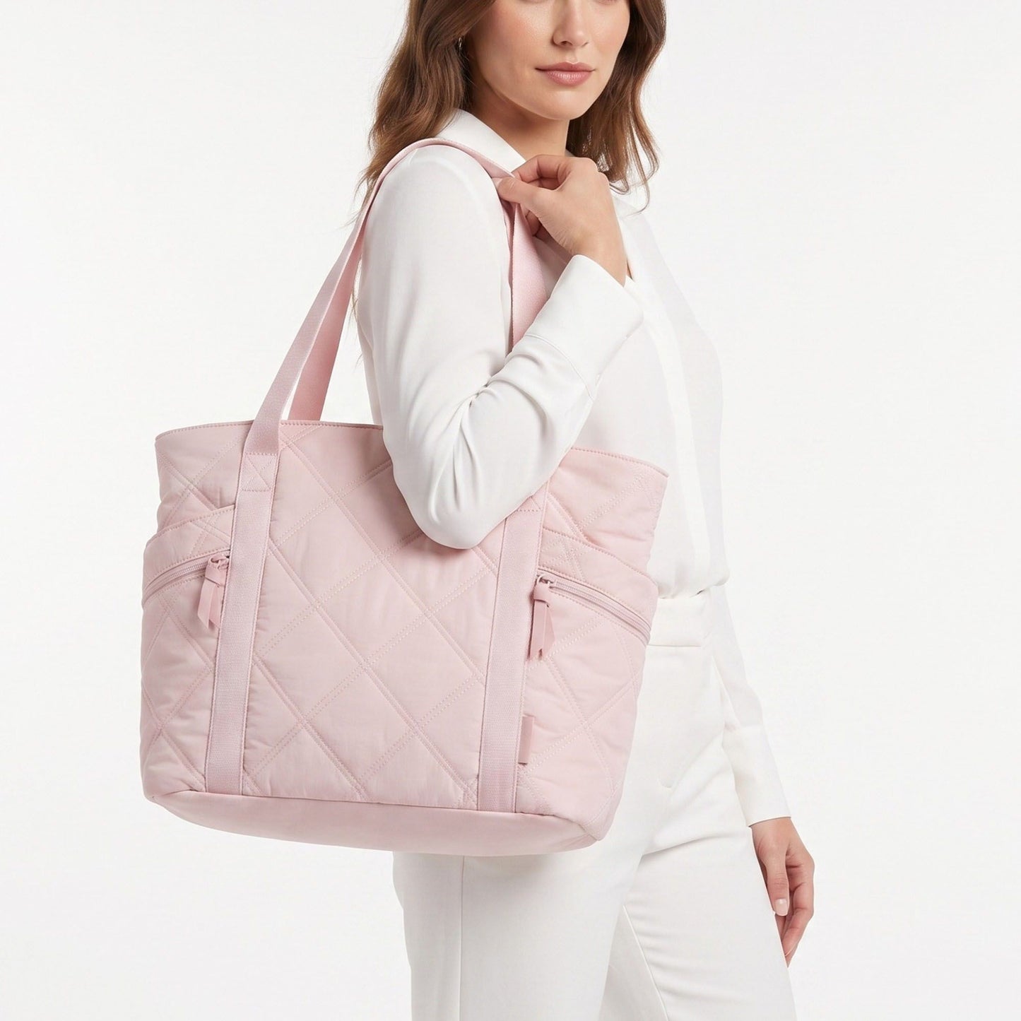 Oversized Quilted Tote Bag with Exterior Zip Pockets and Long Shoulder Straps 15.5x12.5x6.5in