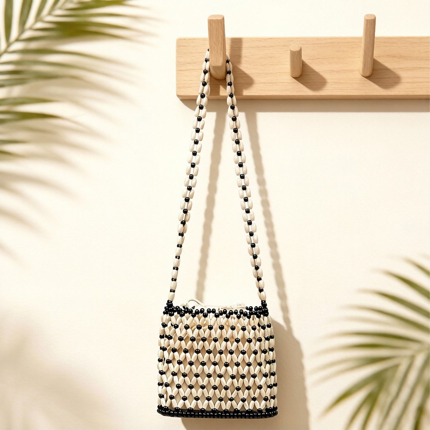 Beaded Crossbody Mini Bag with Long Strap Open Weave Wooden Bead Shoulder Purse Lightweight Small Handbag