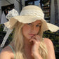 Wide Brim Straw Sun Hat with Sheer Bow Accent and Scalloped Edge