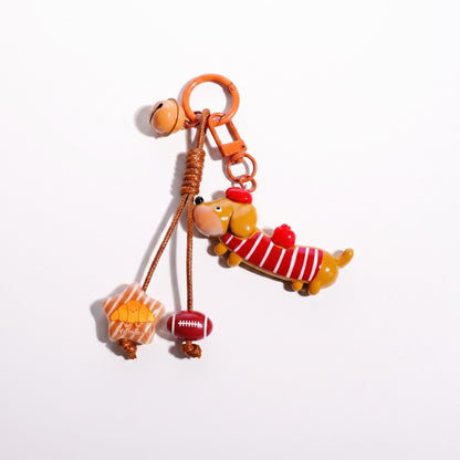 2-Piece Dachshund Dog Keychain Bag Charm Clip with Bell and Dangling Charms