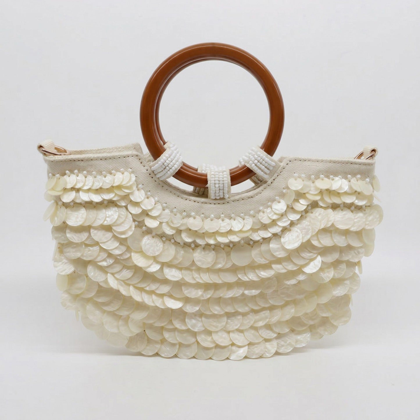 Shell Disc Embellished Top Handle Bag with Beaded Details Round Handle Structured Handbag 11.5x7.5x1 in