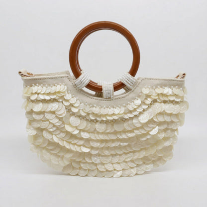 Shell Disc Embellished Top Handle Bag with Beaded Details Round Handle Structured Handbag 11.5x7.5x1 in