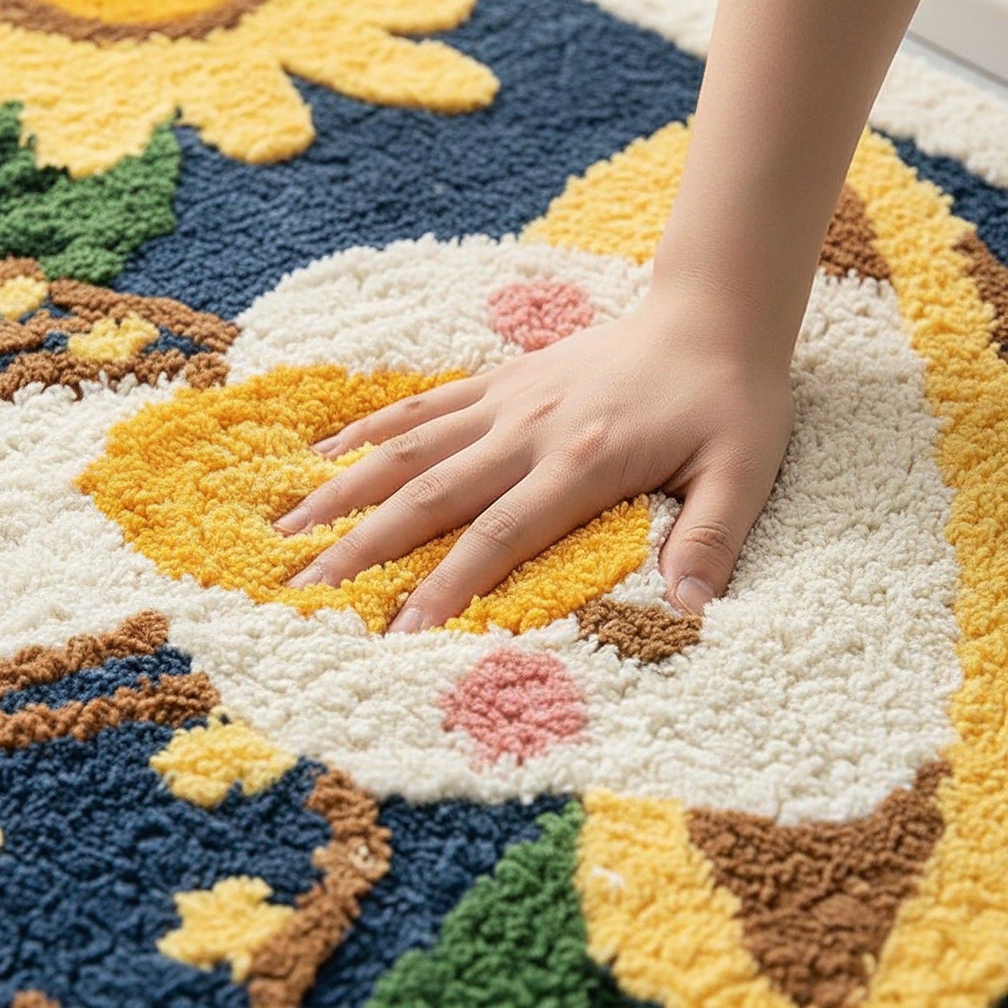 Tufted Floor Mat with Cute Animal and Sunflower Design Non Slip Backing Soft Plush Decorative Rug