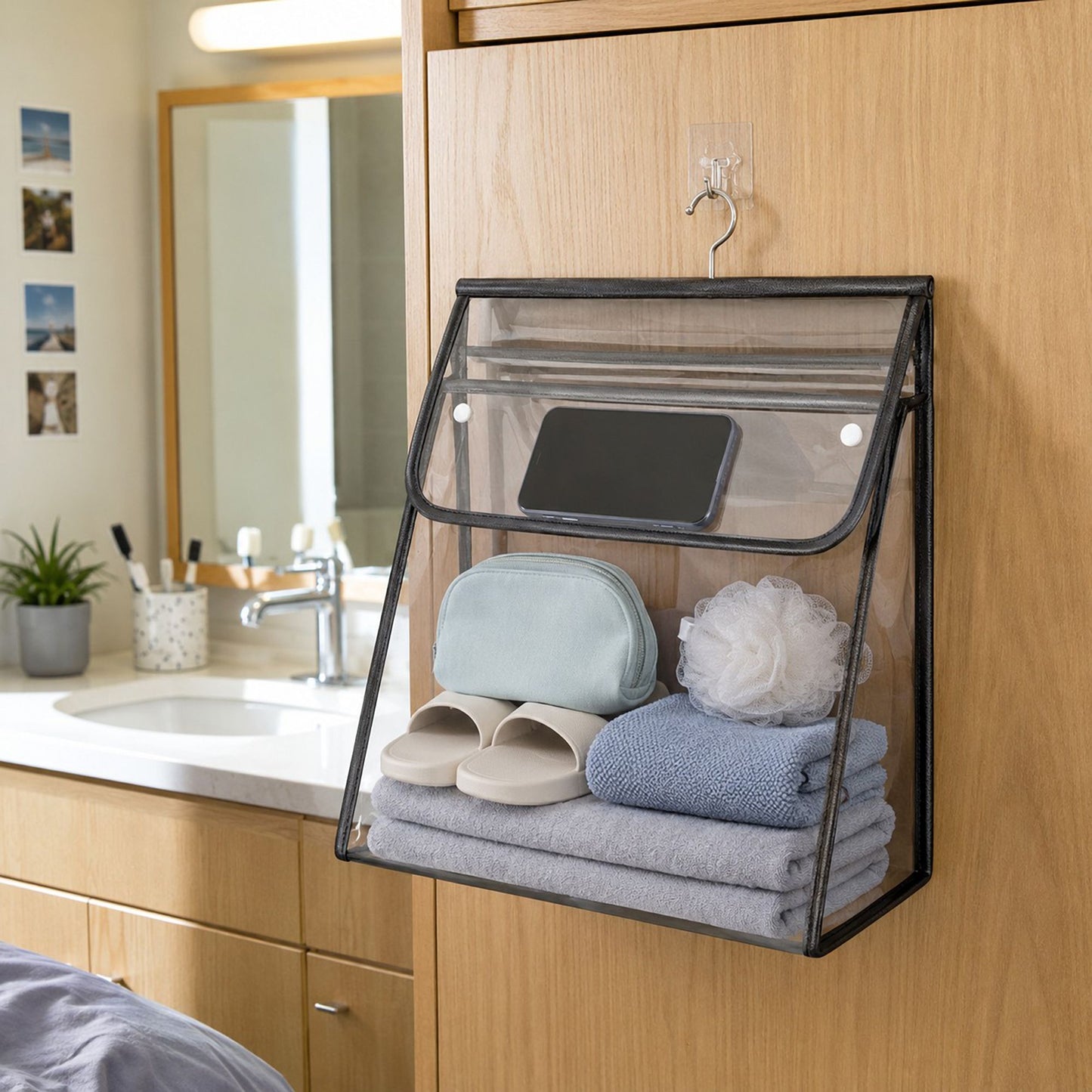 Clear Hanging Wall Storage Bag with Snap Flap Hook Bathroom Organizer