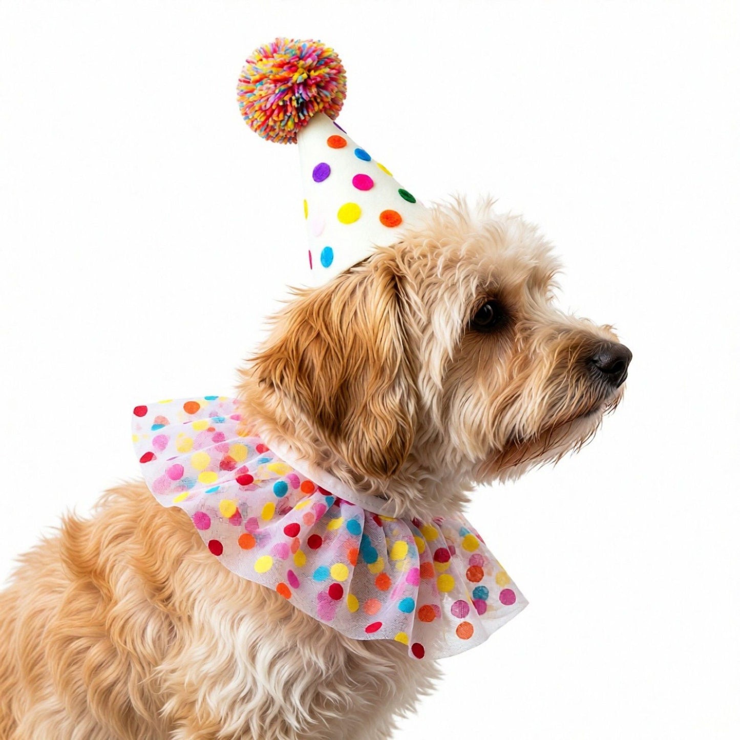 Pet Birthday Hat and Polka Dot Tulle Collar Set Colorful Party Costume Accessory