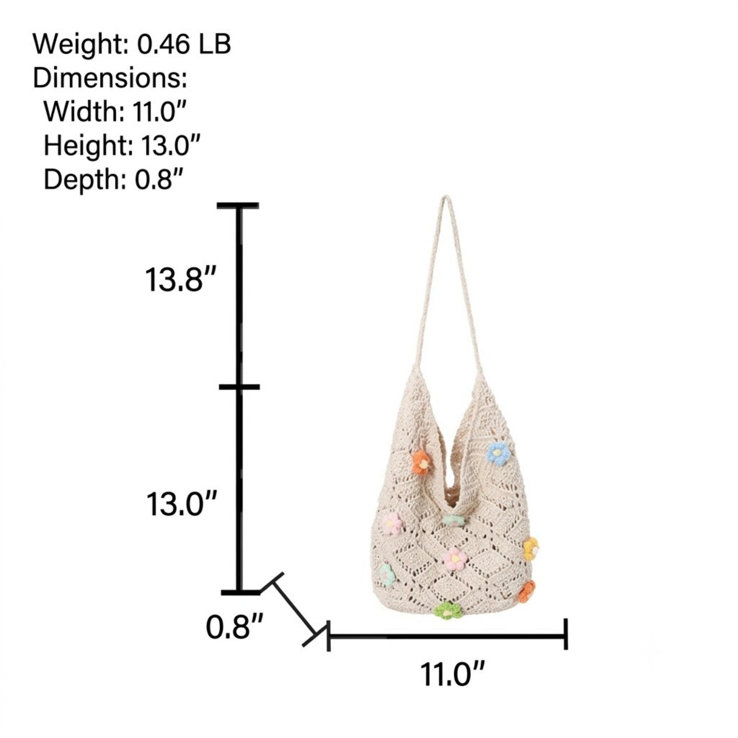 Women's Crochet Woven Shoulder Bag with Floral Applique Open Knit Hobo Design