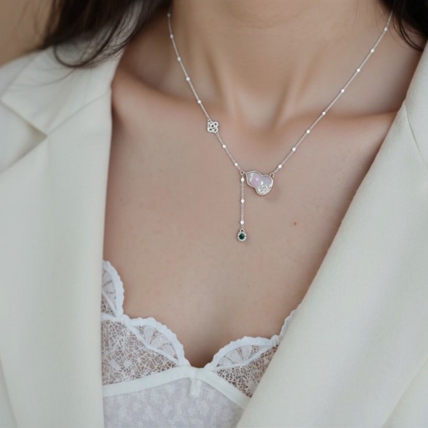 Women's Gourd Pendant Necklace with Drop Gem Accent and Delicate Chain Design