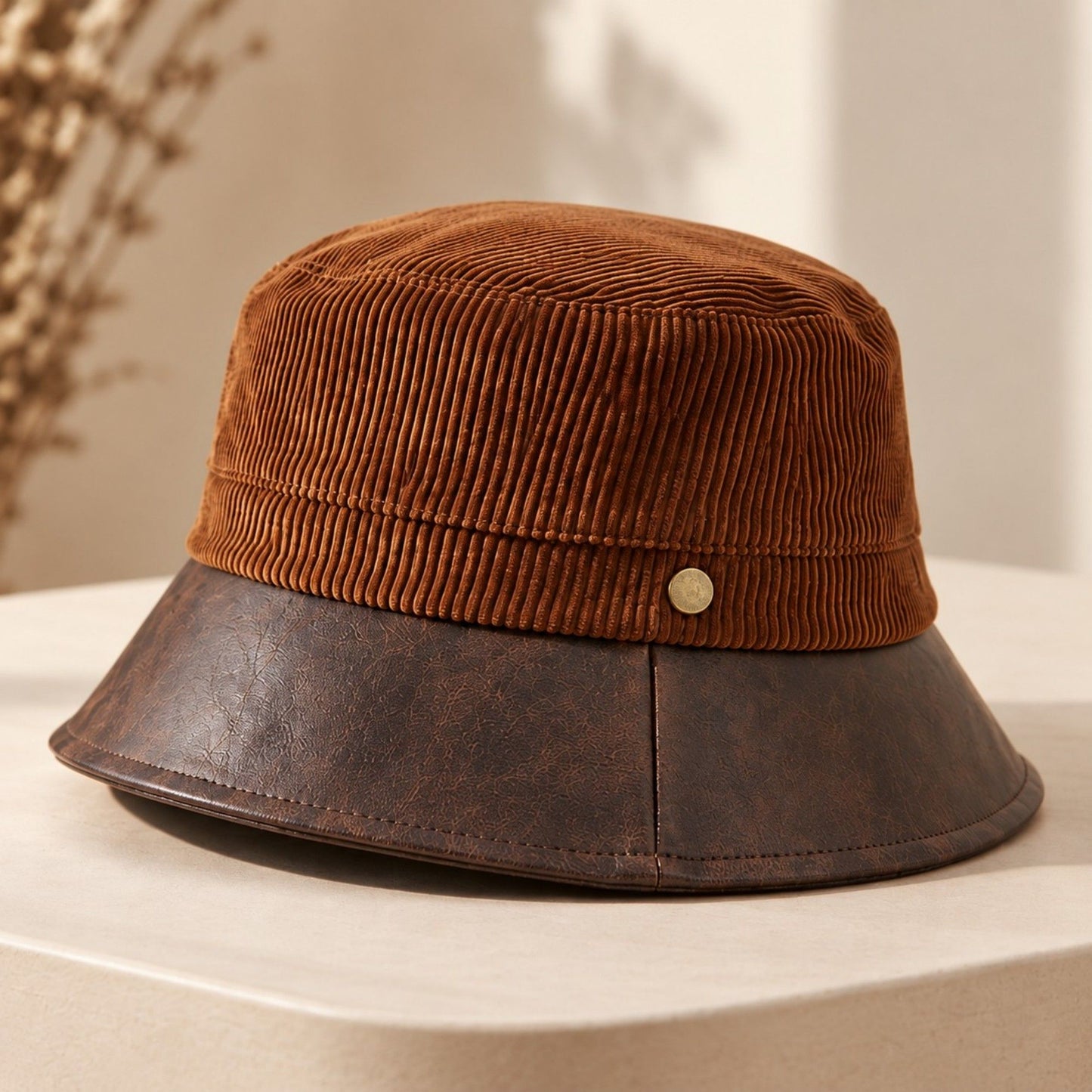 Corduroy Bucket Hat with Leather Look Brim Adjustable Fit
