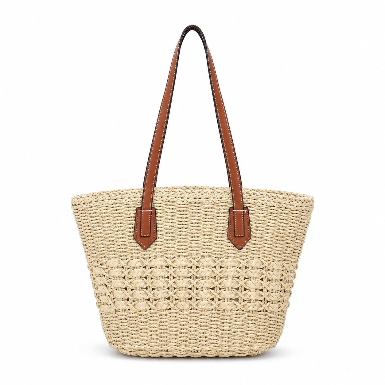 Woven Straw Tote Bag with Zip Closure Small Interior Pocket and Leather Handles