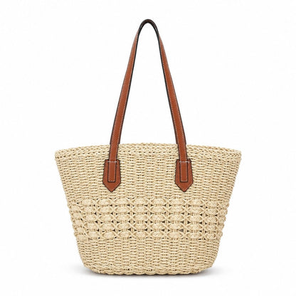 Woven Straw Tote Bag with Zip Closure Small Interior Pocket and Leather Handles