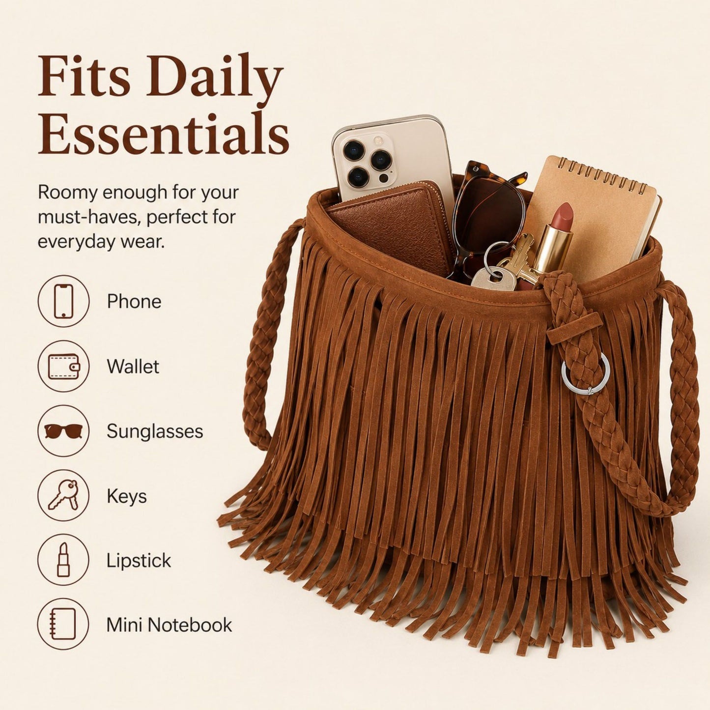 Fringe Crossbody Bag Black Suede Look Boho Shoulder Purse with Braided Strap
