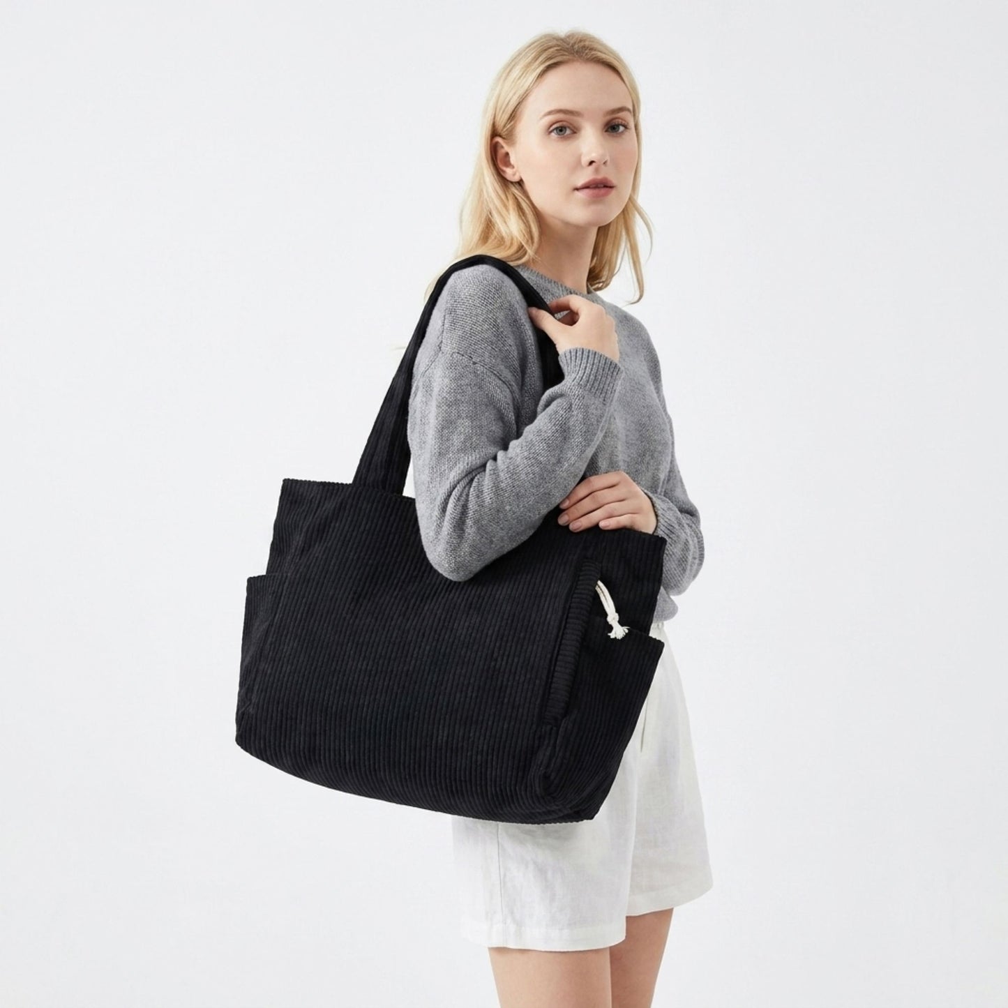 Corduroy Tote Bag Large Capacity Shoulder Bag with Side Pockets and Zipper Closure