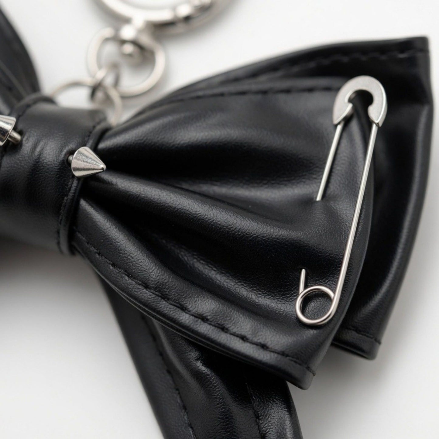Faux Leather Bow Keychain with Safety Pin Stud Detail Oversized Bow Bag Charm Key Ring Accessory
