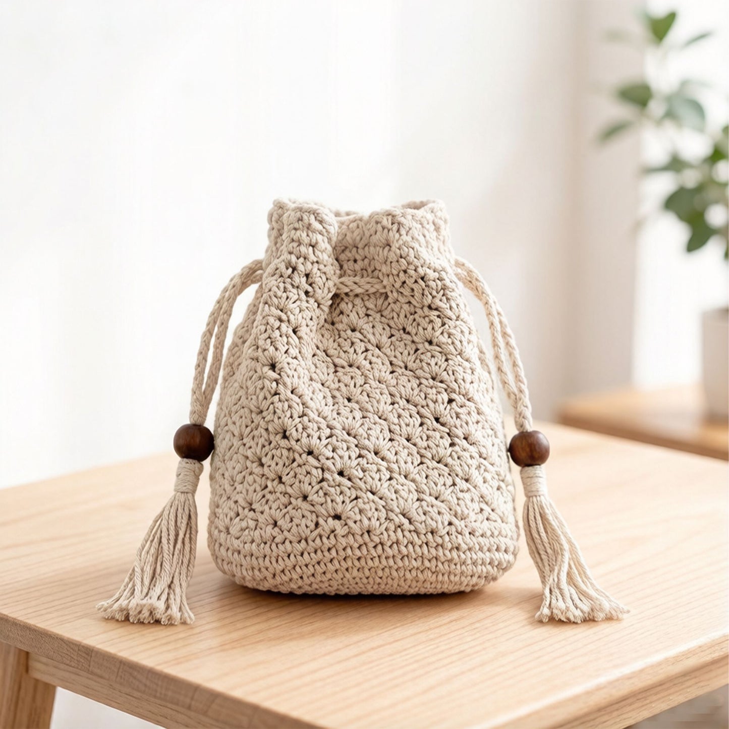 Crochet Bucket Bag with Drawstring Closure Tassel Detail Long Strap Knit Crossbody Handbag