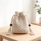 Crochet Bucket Bag with Drawstring Closure Tassel Detail Long Strap Knit Crossbody Handbag