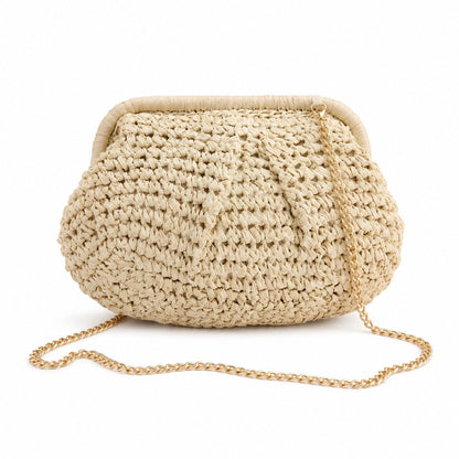 Woven Straw Crossbody Bag Small Chain Shoulder Handbag with Flap Closure