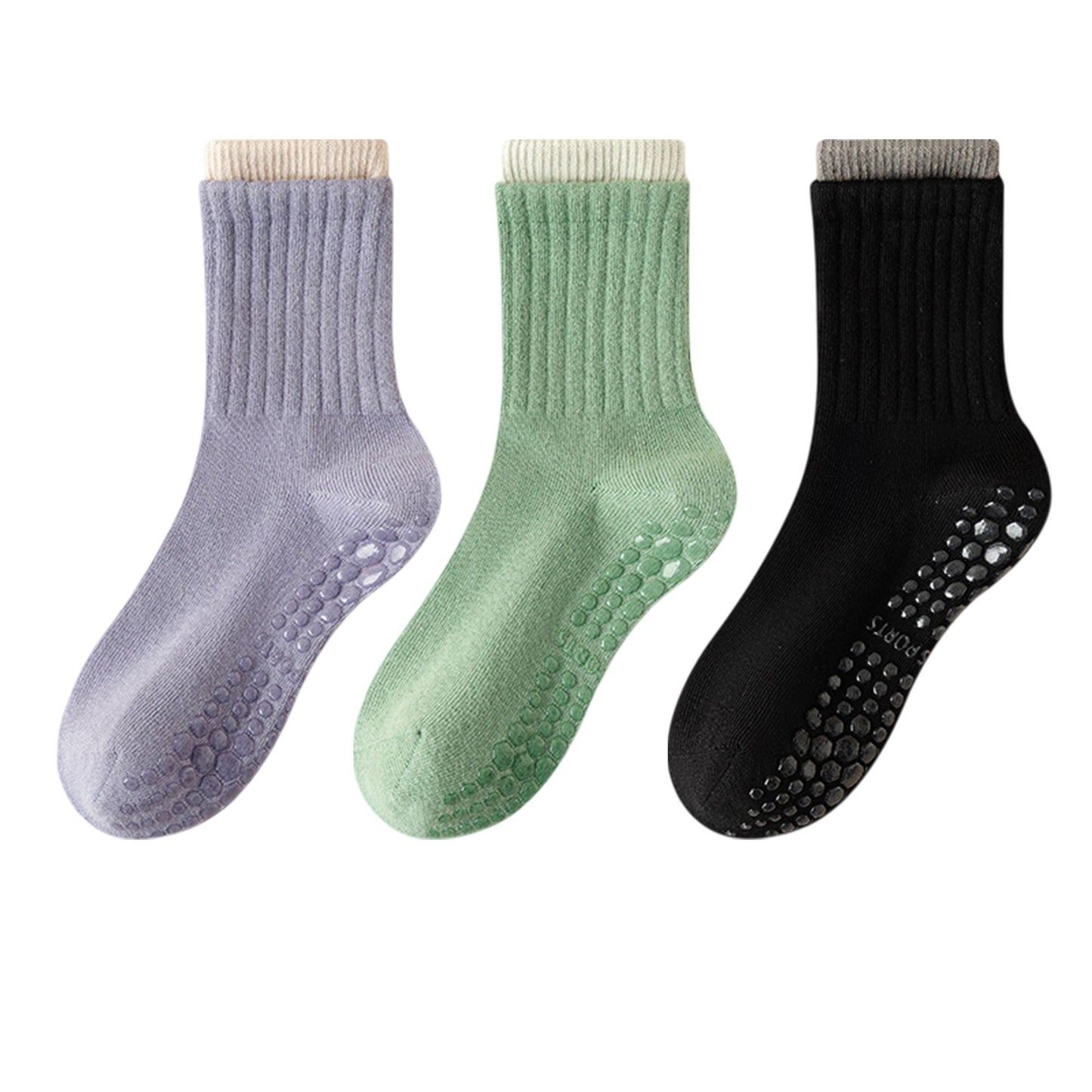 Womens Non-Slip Grip Crew Socks 3 Pair Pack Custom Color Combos Soft Ribbed Cotton with 3D Silicone Heel