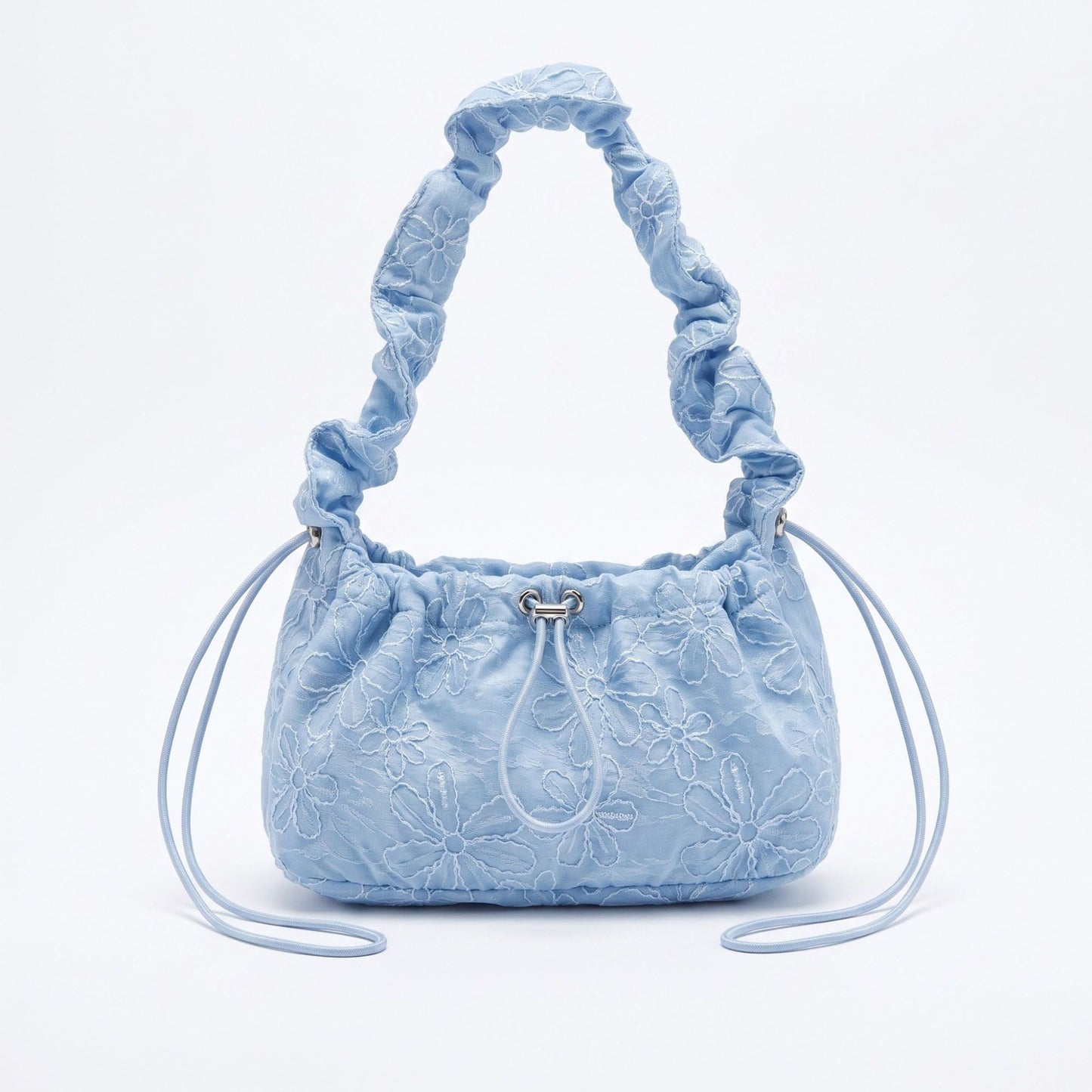 Floral Embroidered Ruched Shoulder Bag with Drawstring Closure 11x8.3x3in