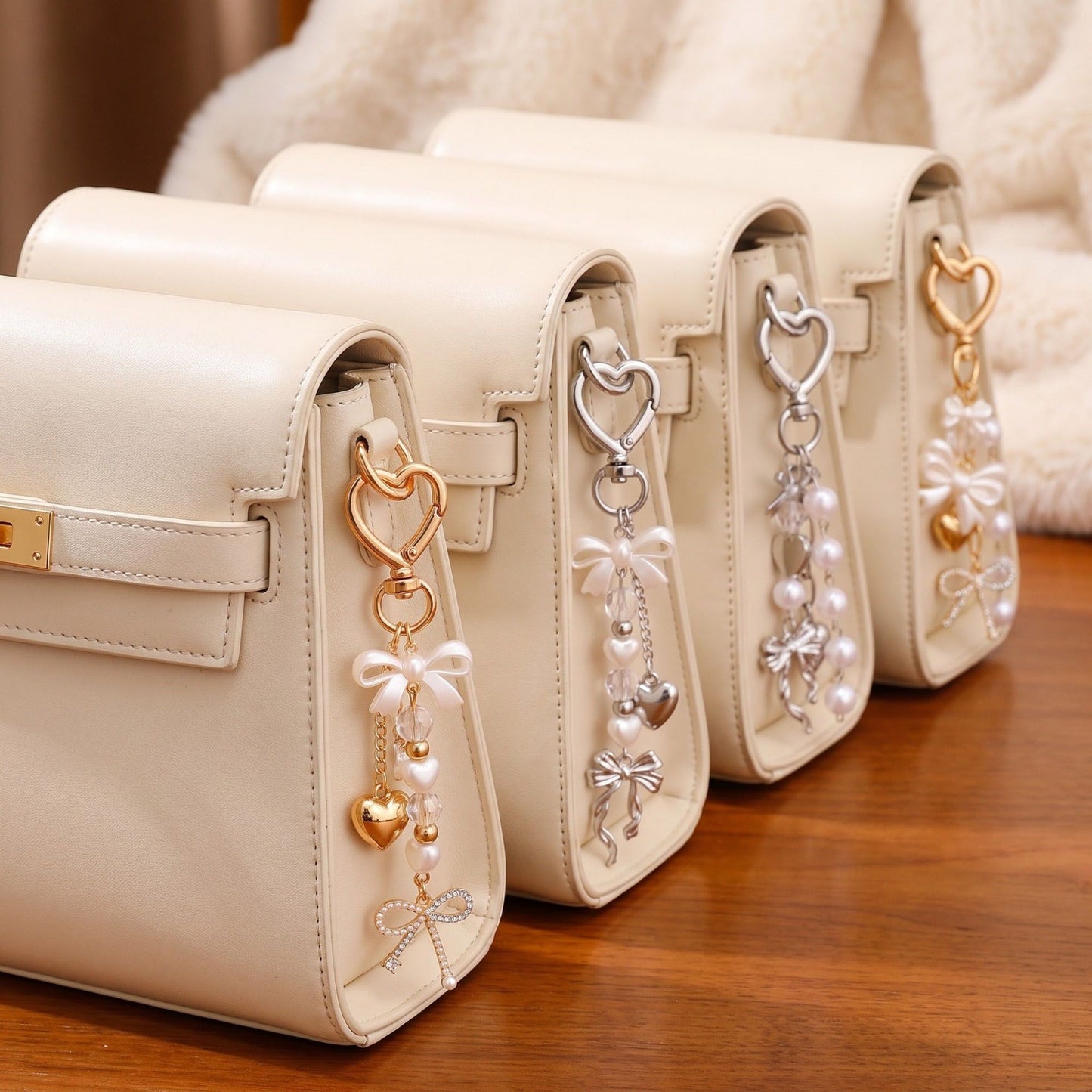 Romantic Heart, Pearl & Bow Multi-Charm Bag Charm Key Chain 4-Piece Set
